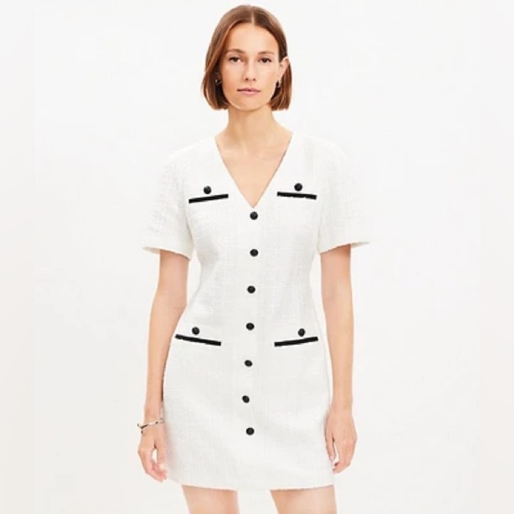 Ann Taylor LOFT White Tweed V-Neck Pocket Sheath Dress Bloggers Favorite Size 00